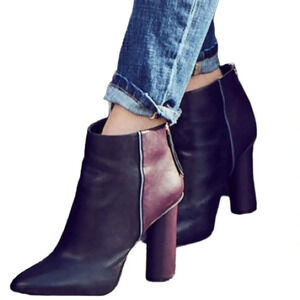 CABI Bissett Leather Colorblock Boots Black Mulberry Periwinkle Heels Zip Size 7